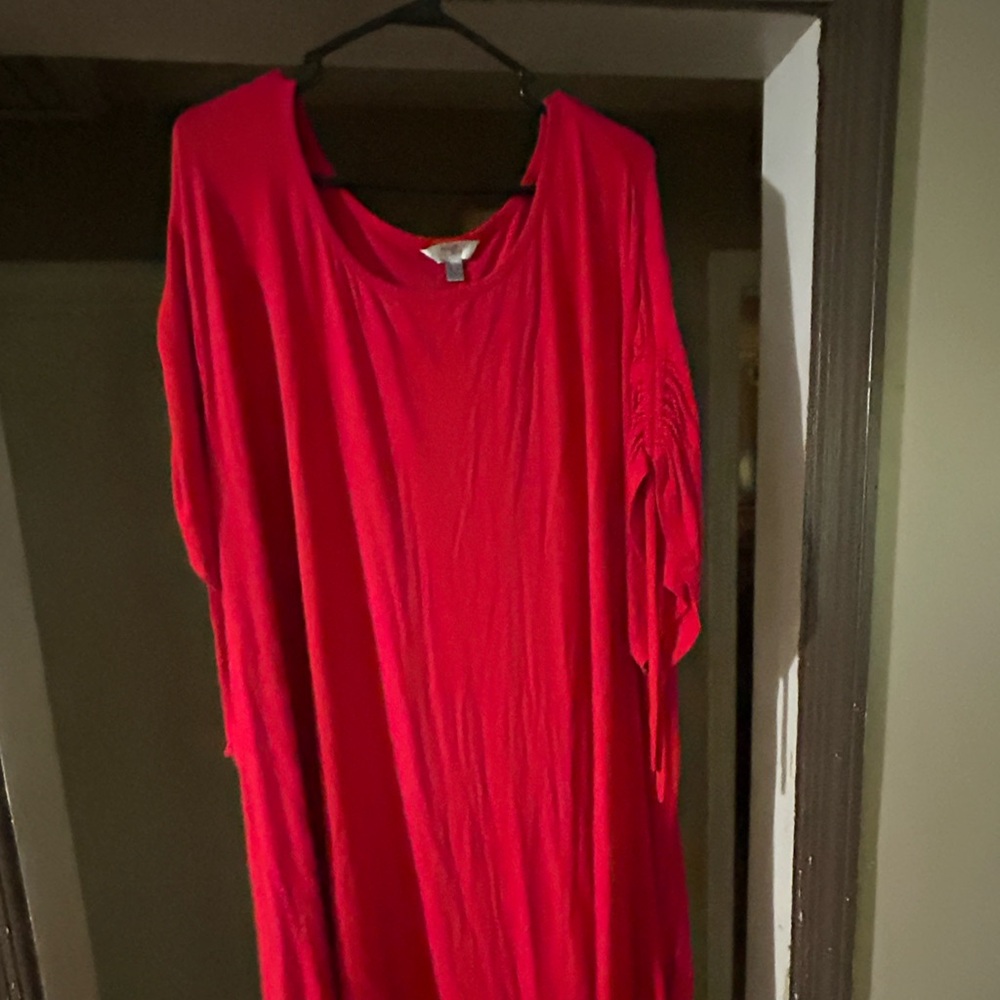 Red long tee shirt or dress.